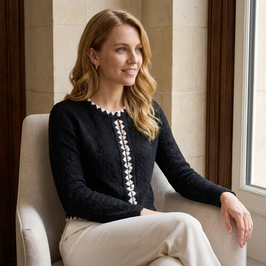 Women’s Black Contrast Trim Knit Cardigan with Pearl-Style Buttons