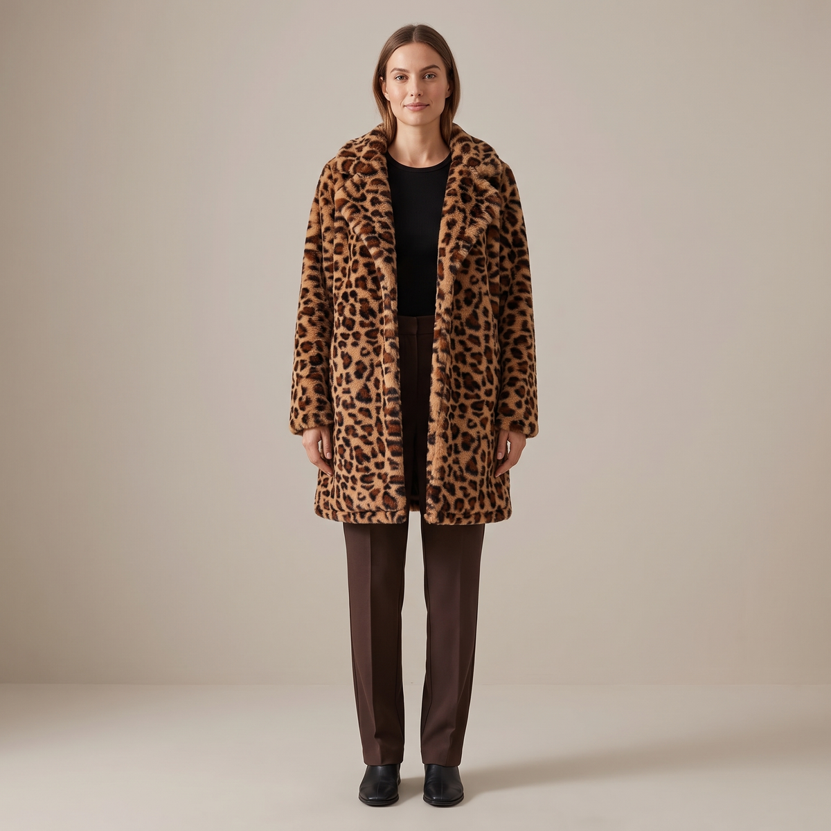 Leopard Print Faux Fur Longline Coat
