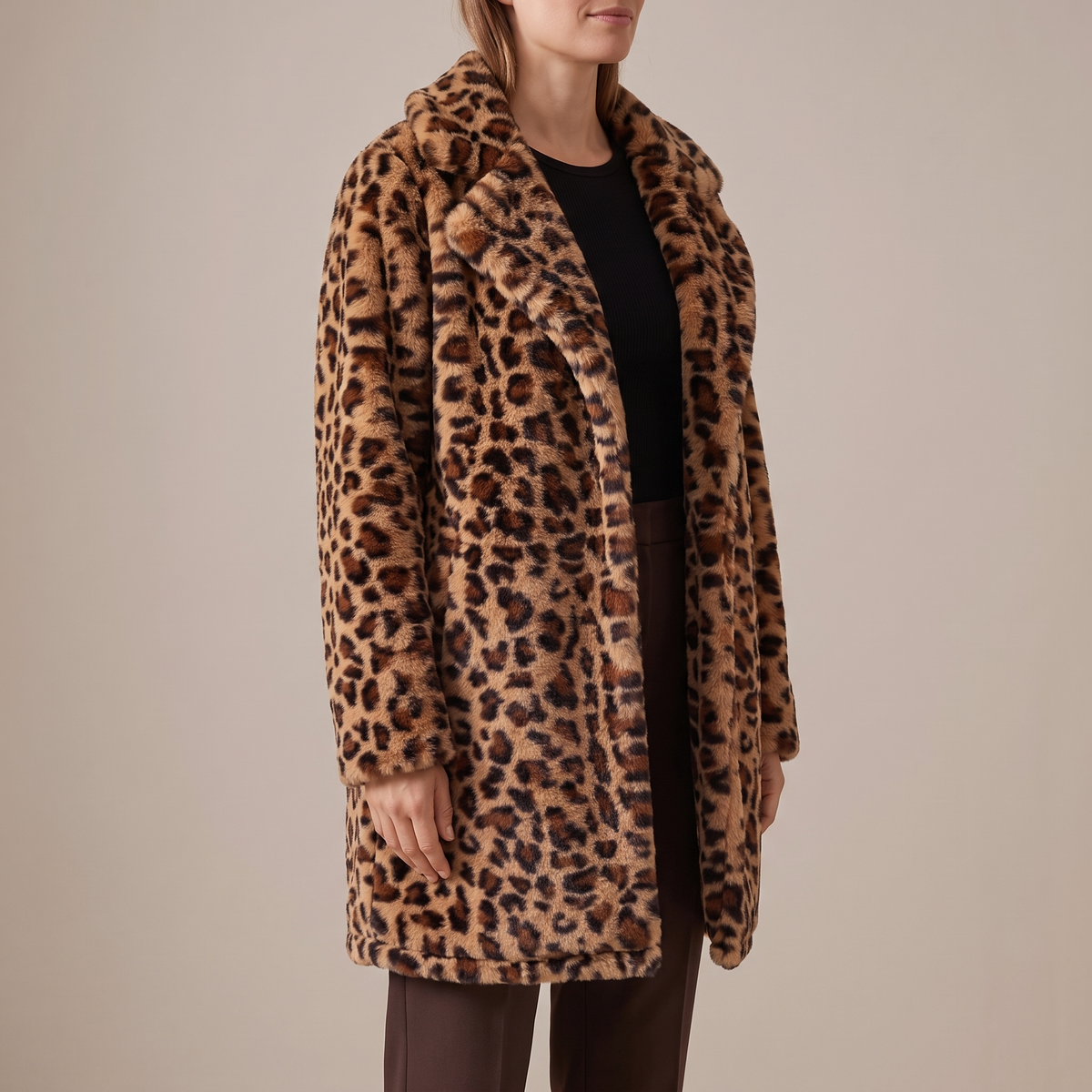 Leopard Print Faux Fur Longline Coat