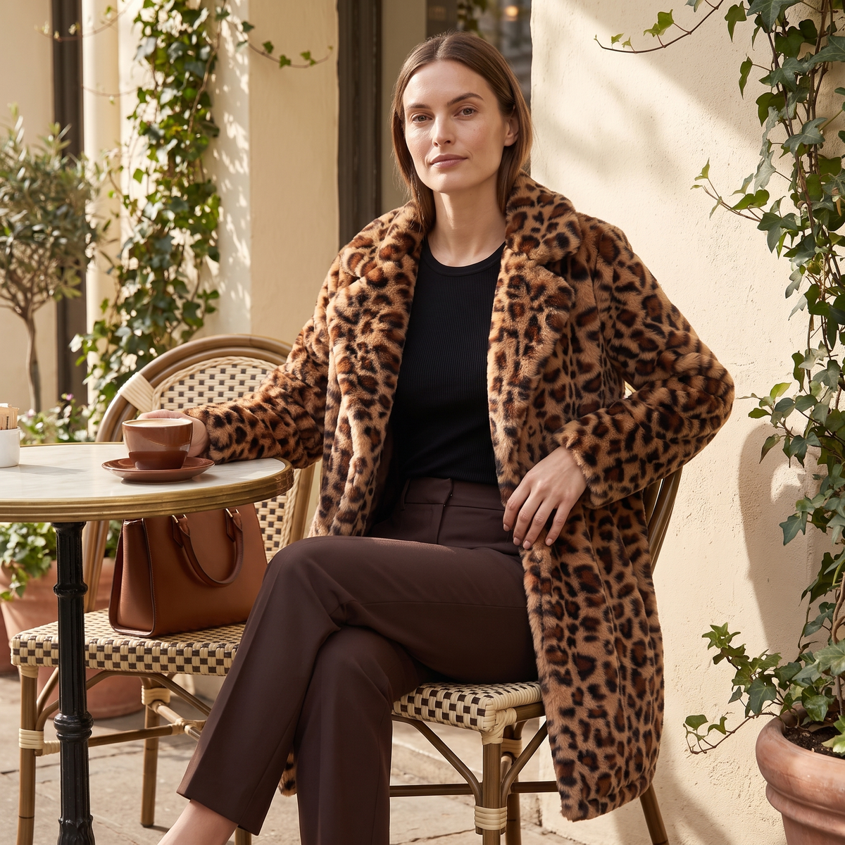 Leopard Print Faux Fur Longline Coat