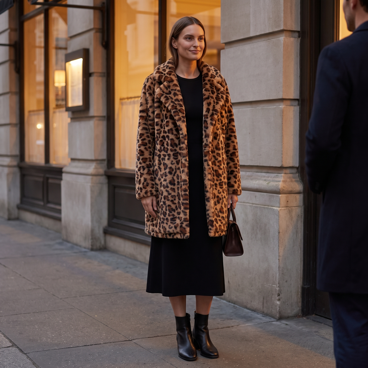 Leopard Print Faux Fur Longline Coat