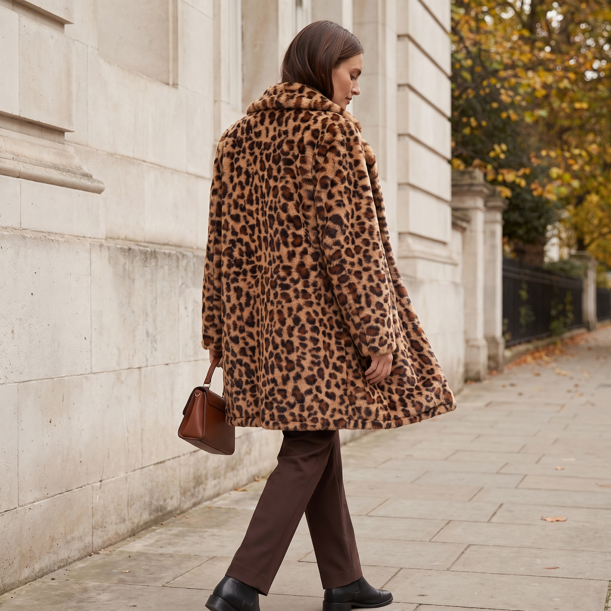 Leopard Print Faux Fur Longline Coat