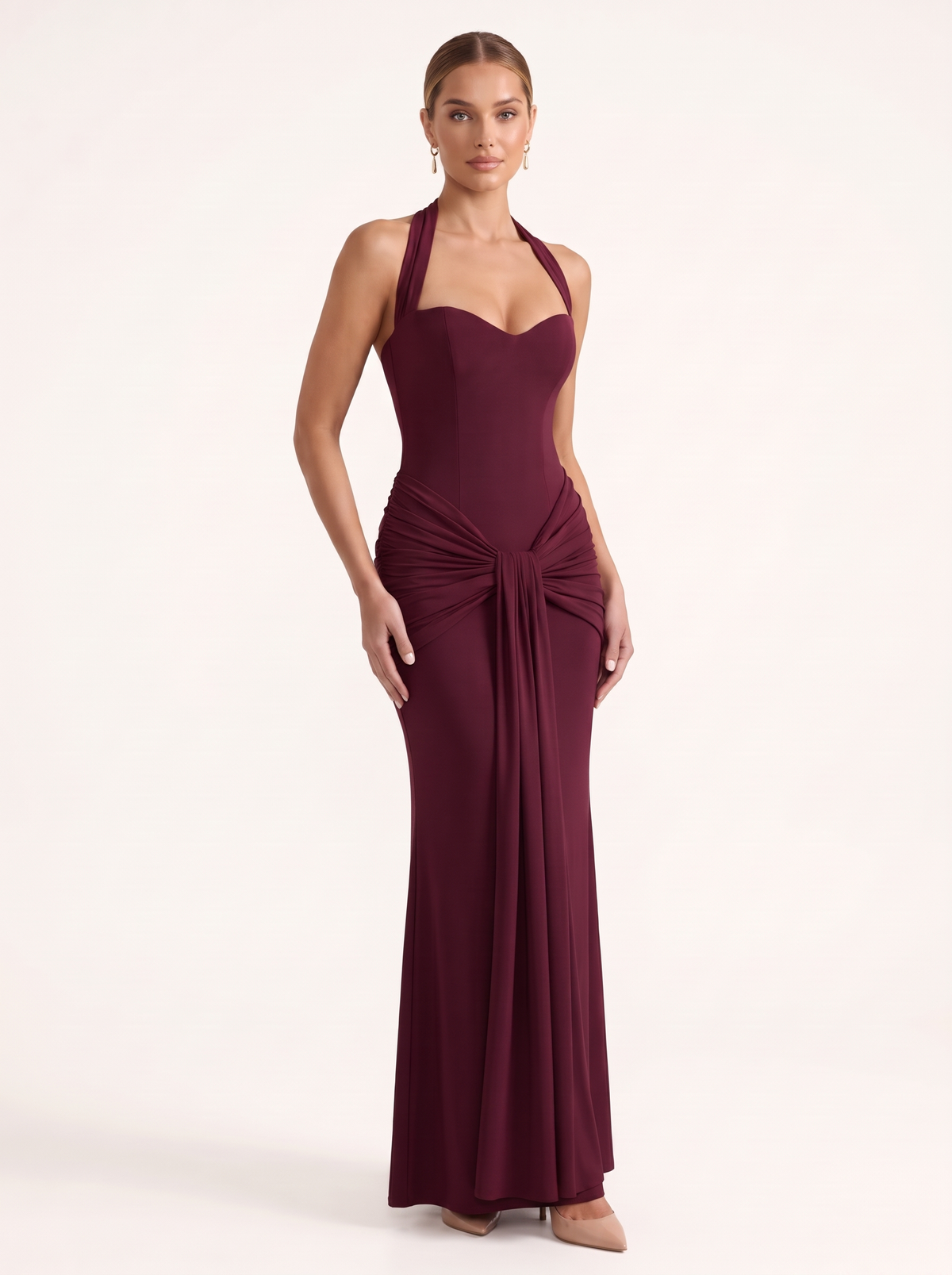 Burgundy Sweetheart Halter Ruched Maxi Dress