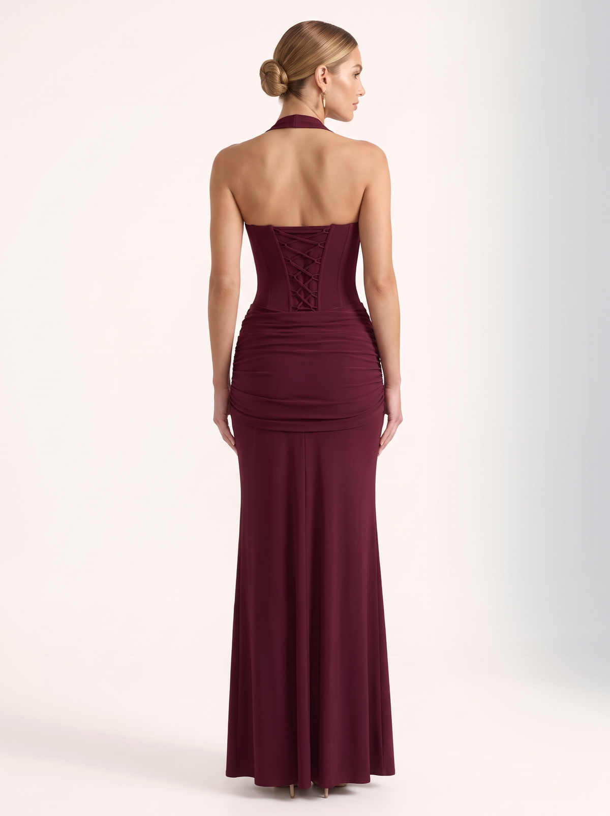 Burgundy Sweetheart Halter Ruched Maxi Dress