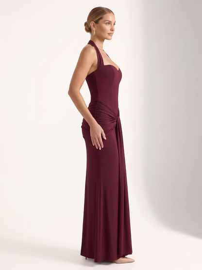 Burgundy Sweetheart Halter Ruched Maxi Dress