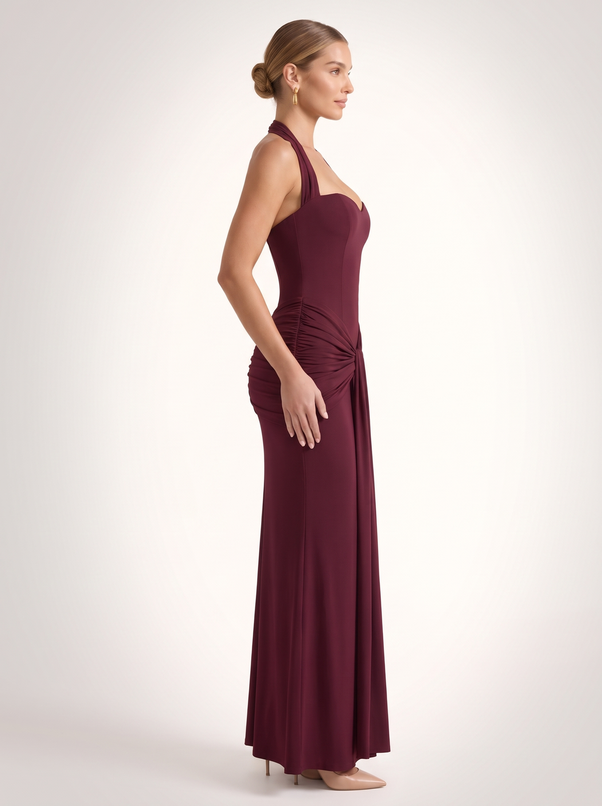 Burgundy Sweetheart Halter Ruched Maxi Dress