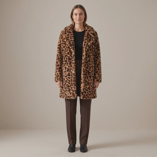 Leopard Print Faux Fur Longline Coat